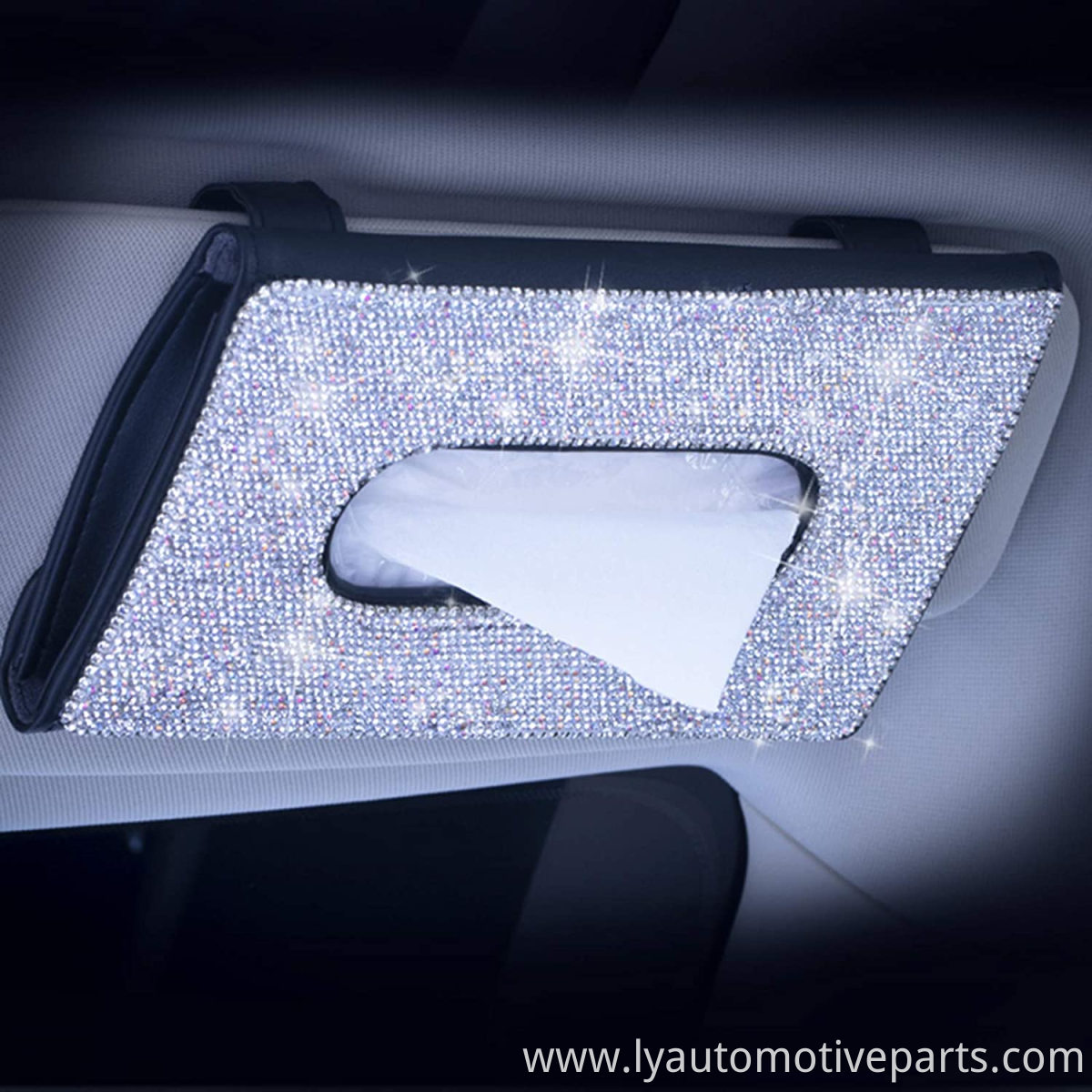 Bling Bling Car Sun Visor Tissue Box Holder Crystal Sparkling Napkin Holder PU Leather Backseat Tissue Case Car Accessories